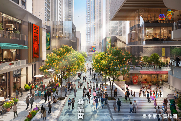 团队将原本为单线行车的鸿福街改划为步行街，两旁加以美化和绿化。 韦志成网志构想图